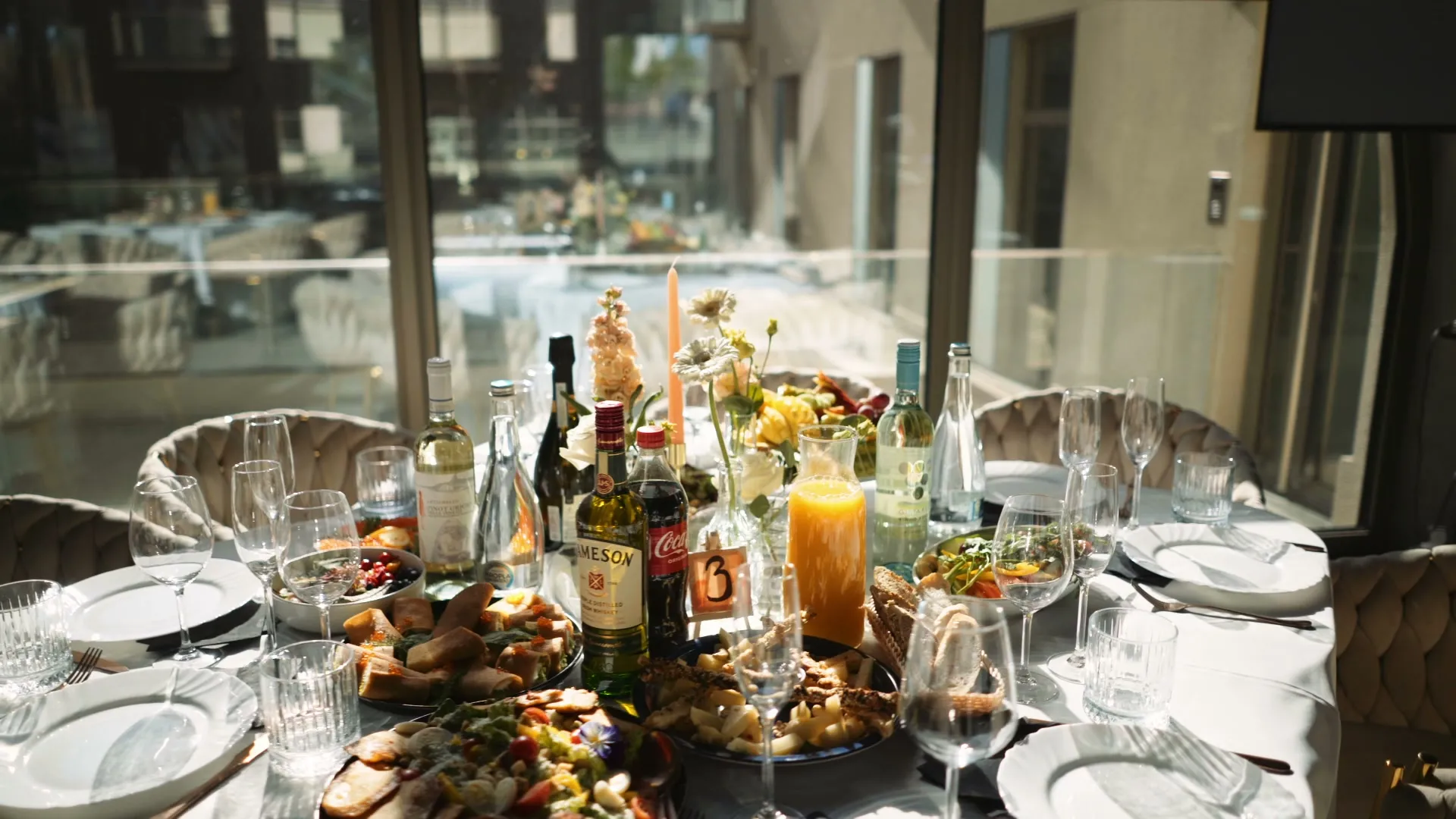 Banquet table at Selection — appetizers, drinks and floral decor